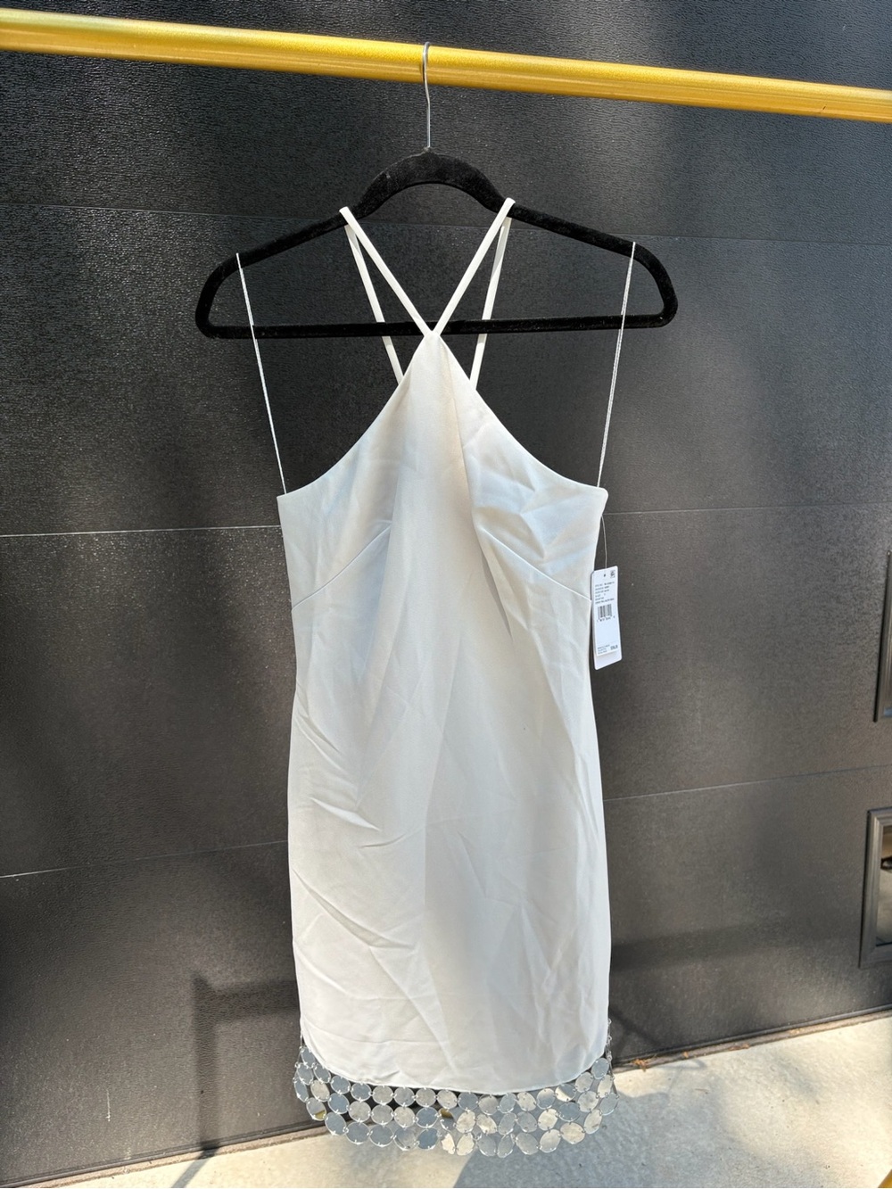 Ivory Strappy Mini Dress with Mirror Disc Hem